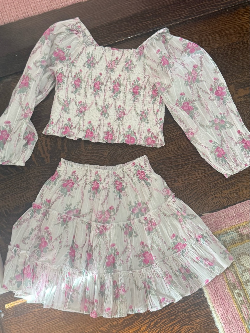 LoveShackFancy White Floral Smocked Top and Tiered Skirt Set
